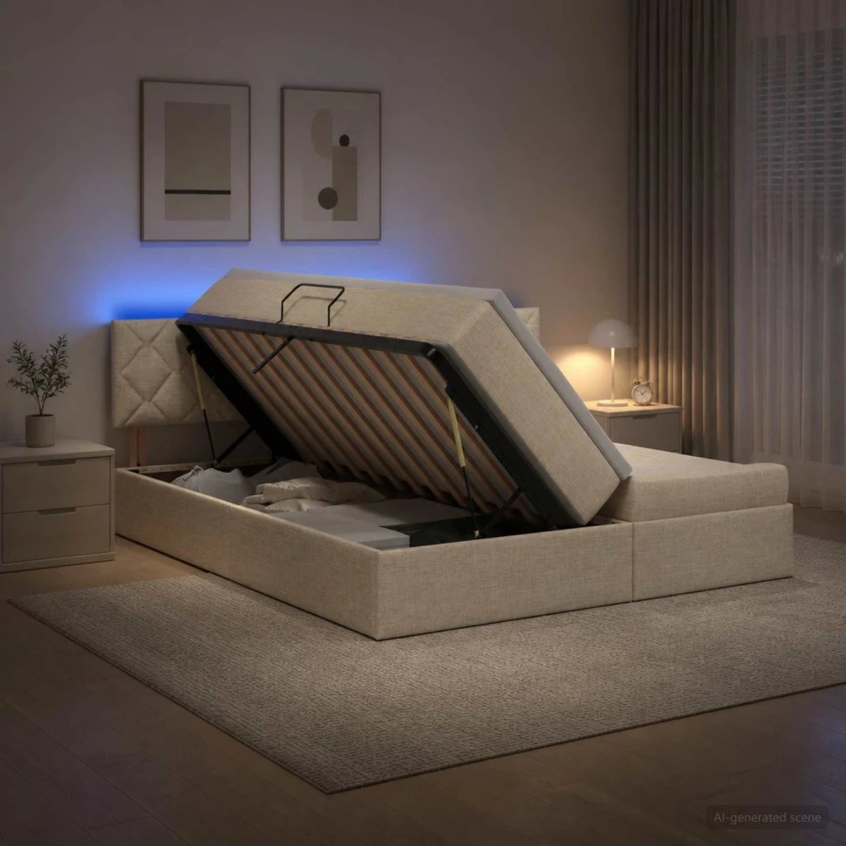 vidaXL LED opbevaringsseng med madras, cremefarvet 200 x 200 cm
