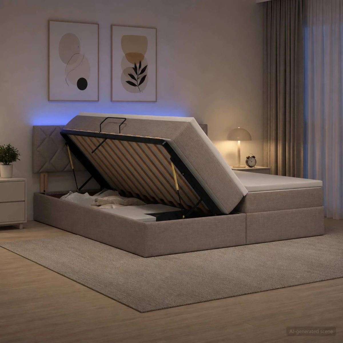 vidaXL LED Opbevaringsseng med madras, Gråbrun, 200 x 200 cm