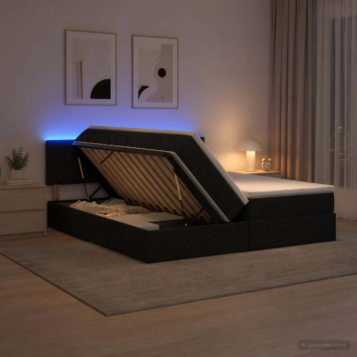 vidaXL LED Opbevaringsseng med madras, Sort, 200 x 200 cm
