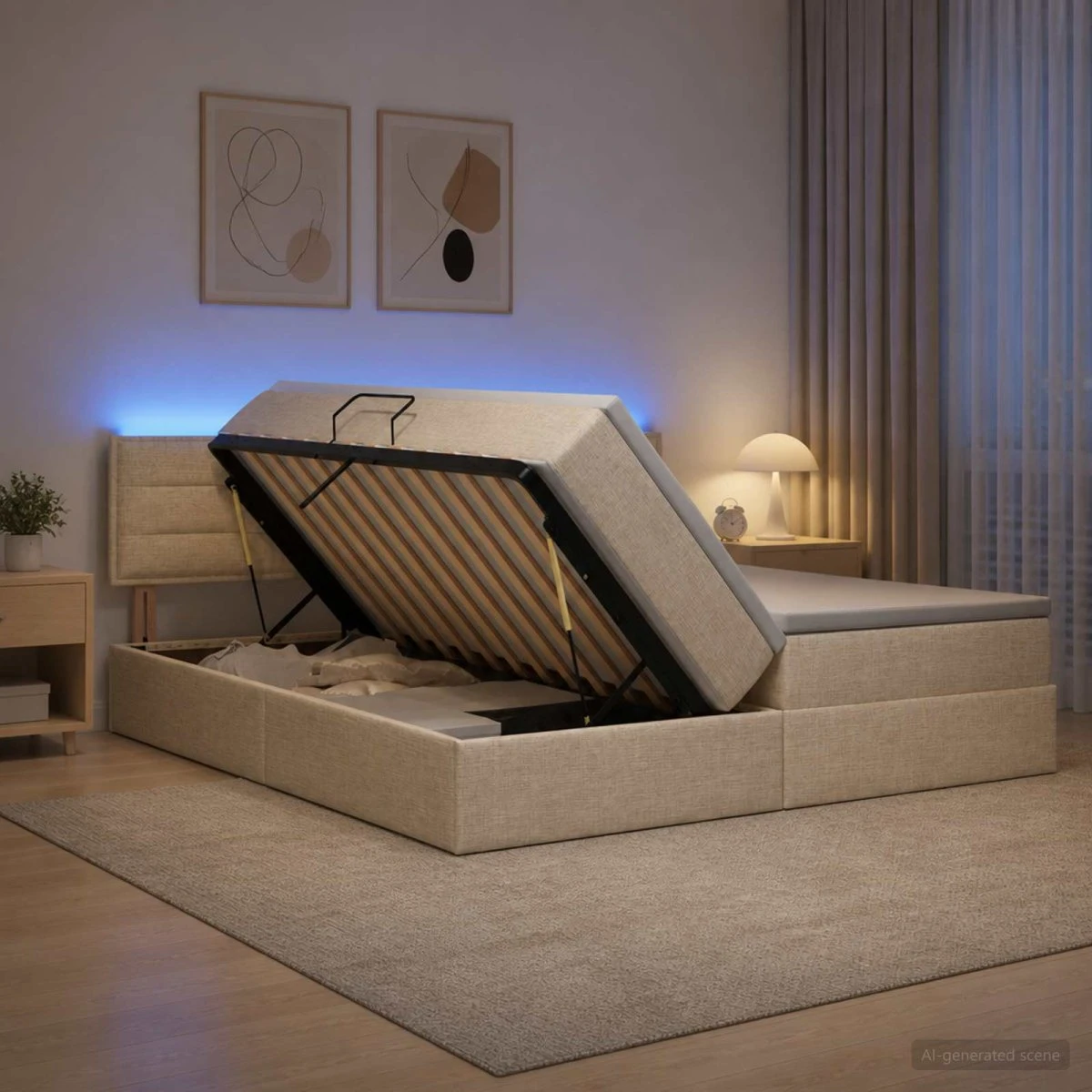 vidaXL LED opbevaringsseng med madras, 200 x 200 cm, cremefarvet