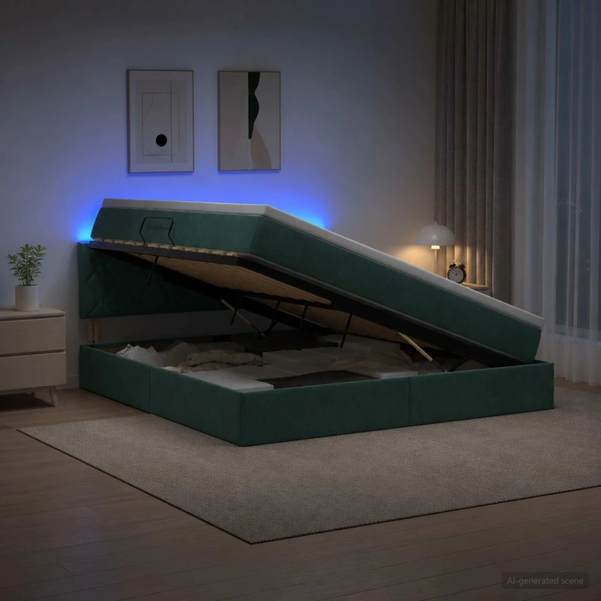 vidaXL LED Opbevaringsseng med madras, Mørkegrøn Fløjl, 140x200 cm