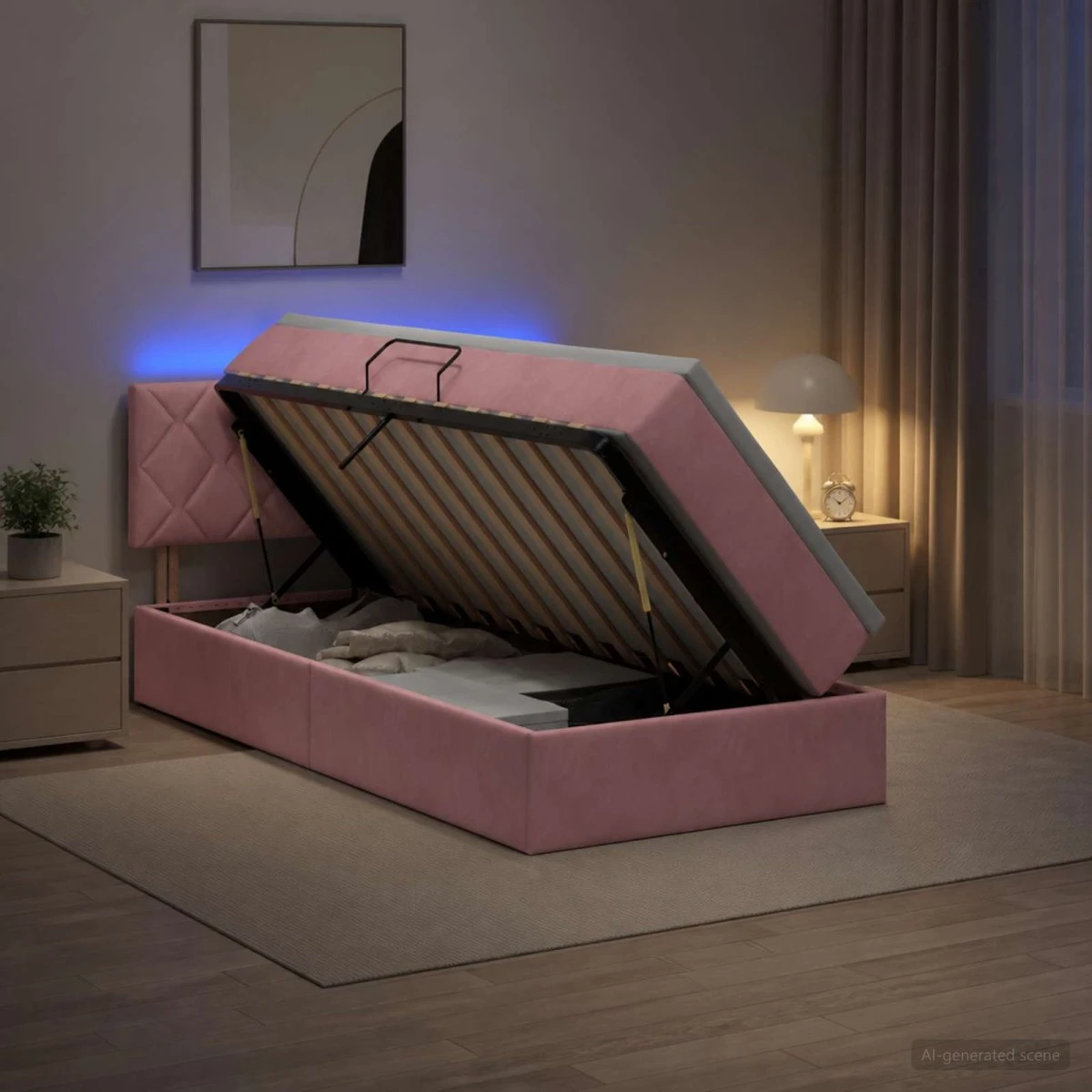 vidaXL LED Opbevaringsseng med madras, Lyserød Fløjl, 90x200 cm