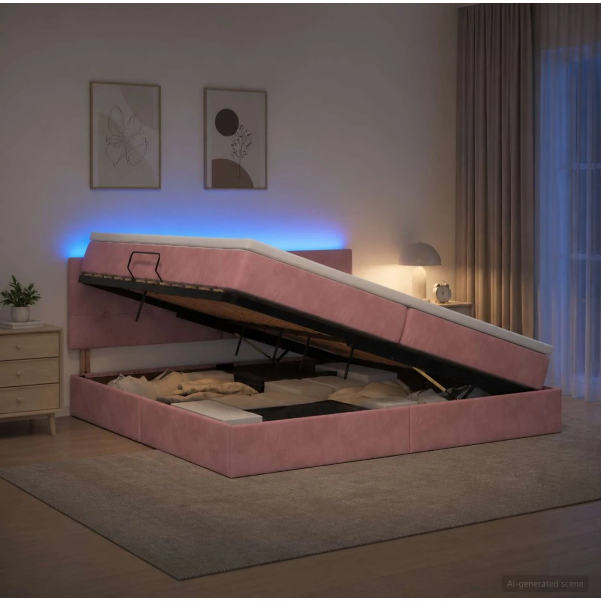 vidaXL Opbevaringsseng med madras, LED & Fløjl, Lyserød 200x200 cm