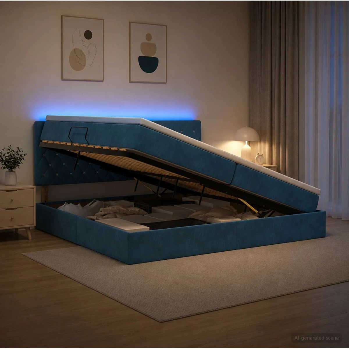 vidaXL LED Opbevaringsseng med madras, Mørk blå Fløjl, 200x200 cm