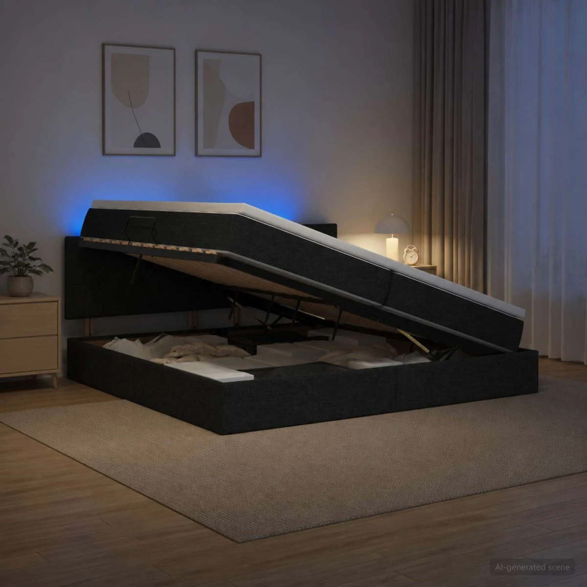 vidaXL LED Opbevaringsseng med madras, Sort, 200 x 200 cm