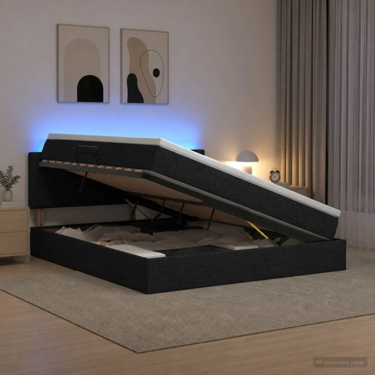 vidaXL LED Opbevaringsseng med madras, Sort, 140 x 190 cm