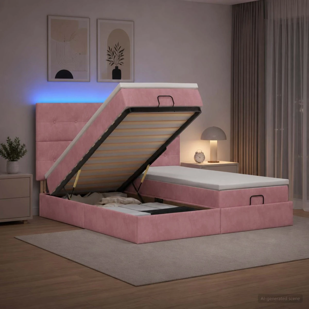 vidaXL Ottoman seng med LED og madras, lyserød velour, 180x200 cm