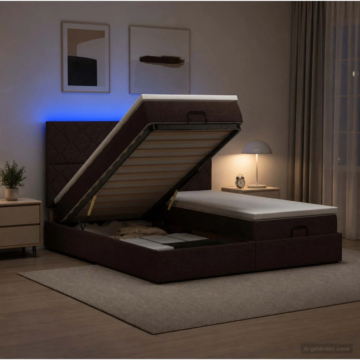 vidaXL Ottoman seng med madras og LED, mørk brun, 200 x 200 cm