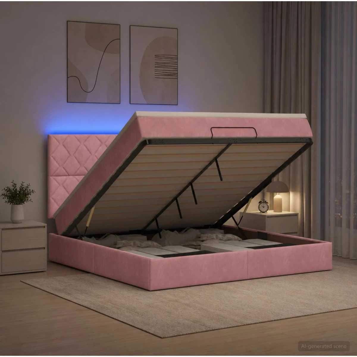 vidaXL Ottoman seng med madras og LED - Lyserød Fløjl 160x200 cm