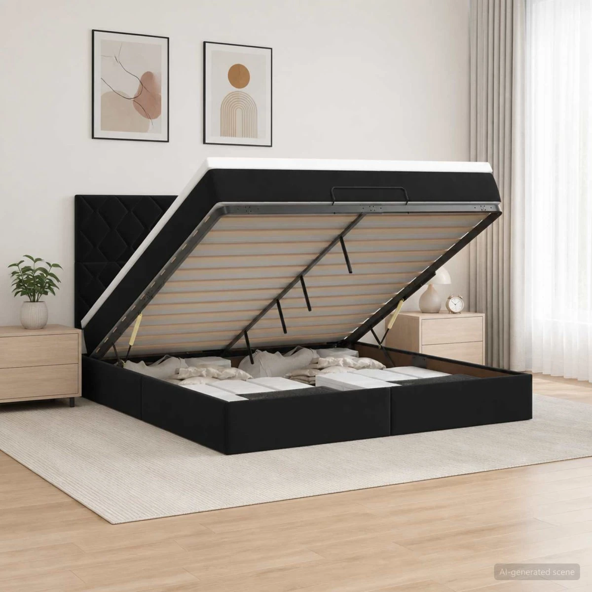 vidaXL Ottoman seng med madras og LED, sort fløjl, 160 x 200 cm