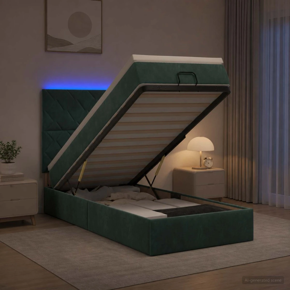 vidaXL Ottoman seng med madras og LED - Mørkegrøn Fløjl 90x200 cm