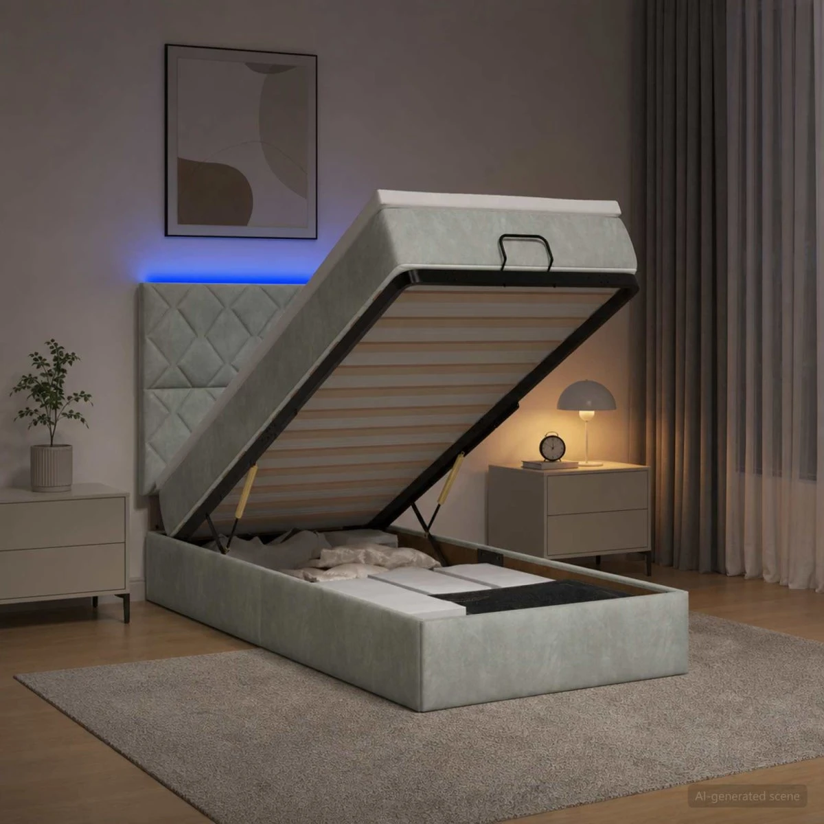 vidaXL Ottoman seng med madras og LED - Lysegrå 90 x 200 cm