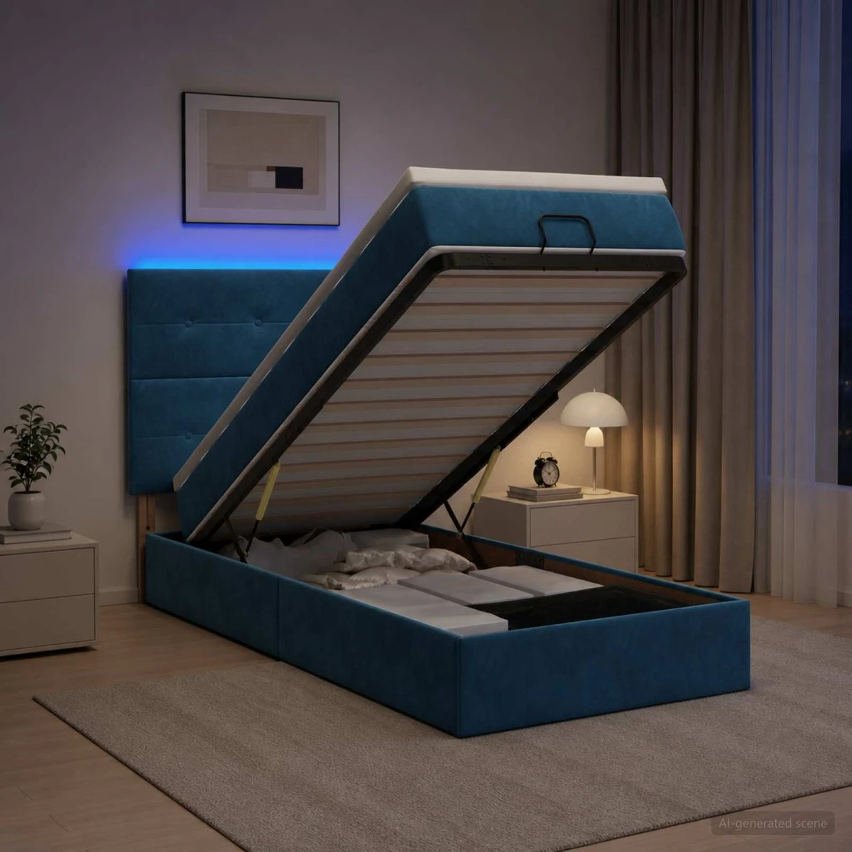 vidaXL Ottoman seng med LED, madras og opbevaring - Mørkeblå 90x200