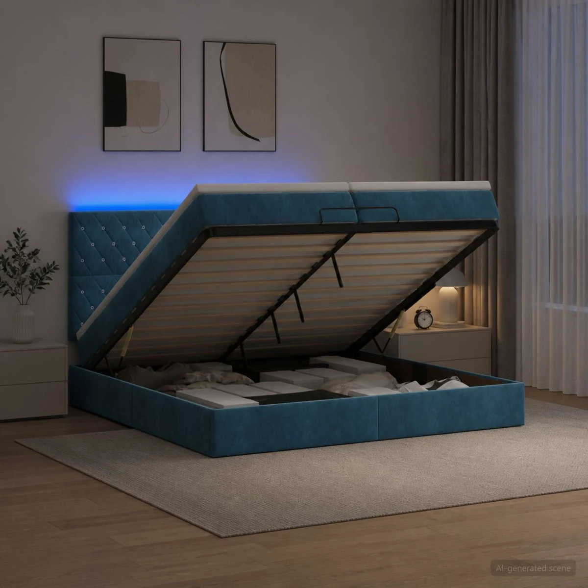 vidaXL Ottoman seng med LED, madras & fløjl - Mørkeblå 200x200 cm