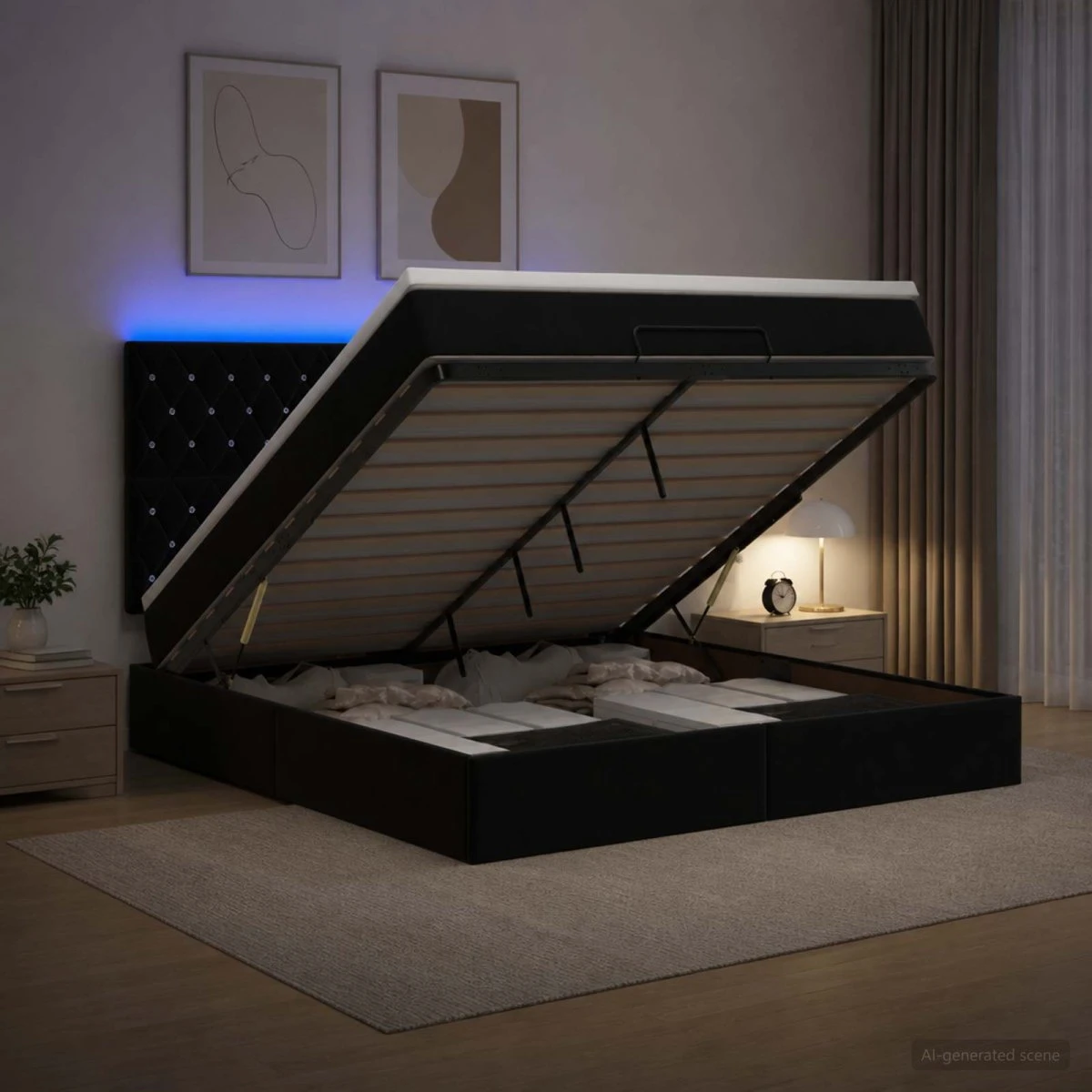 vidaXL Ottoman seng med madras og LED - Sort Fløjl 140x200 cm