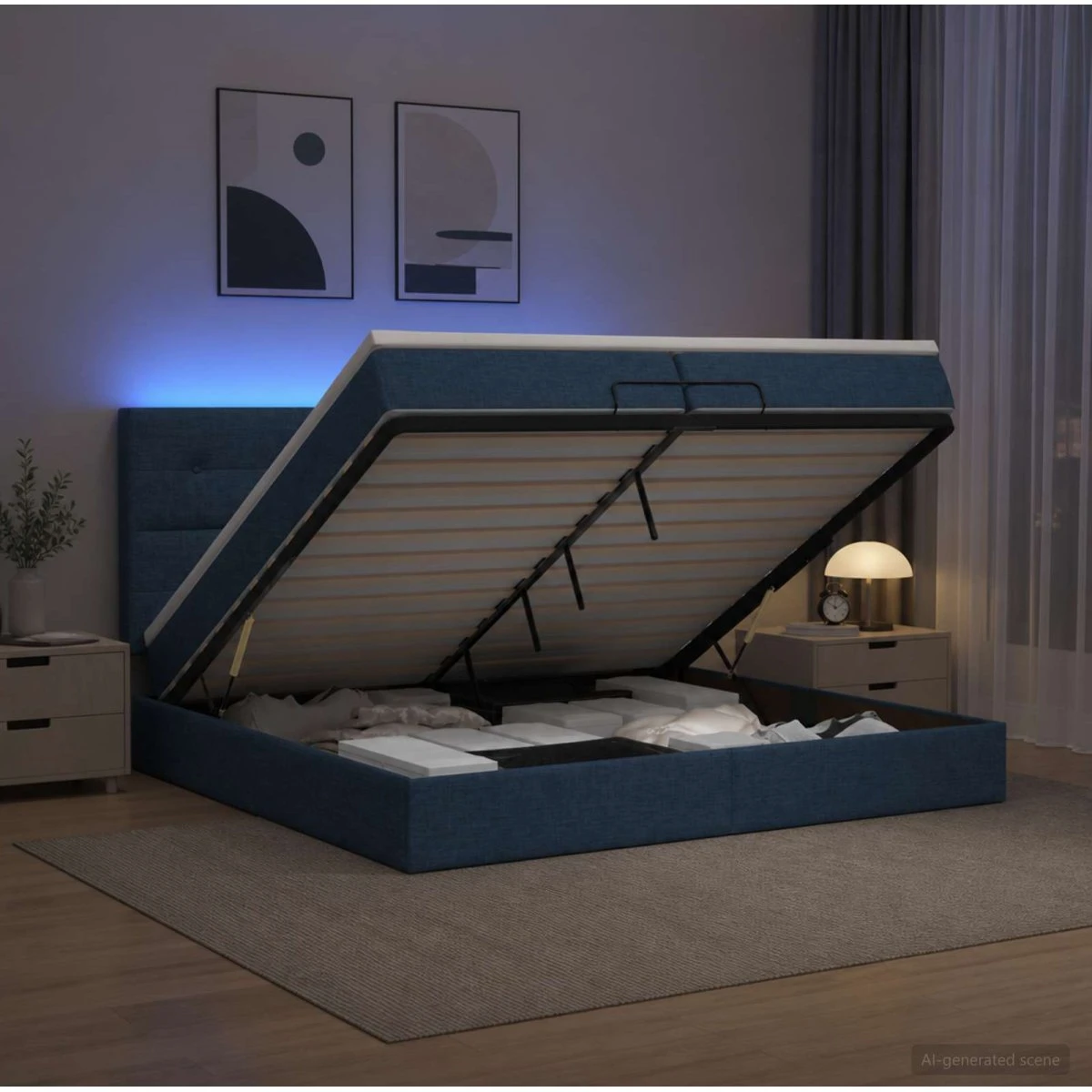 vidaXL Ottoman seng med madras og LED, blå, 200 x 200 cm