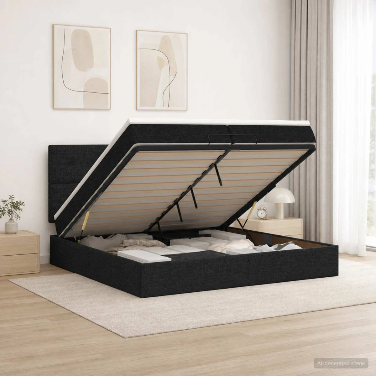 vidaXL Ottoman seng med madras og LED, sort, 200 x 200 cm