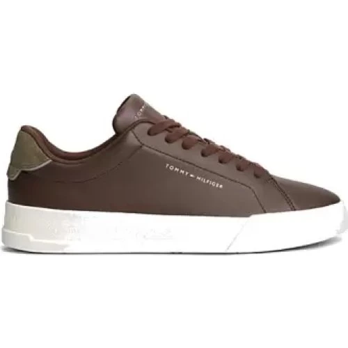 Tommy Hilfiger Leather Mix Court Sneakers - Cocoa/Platinum Olive
