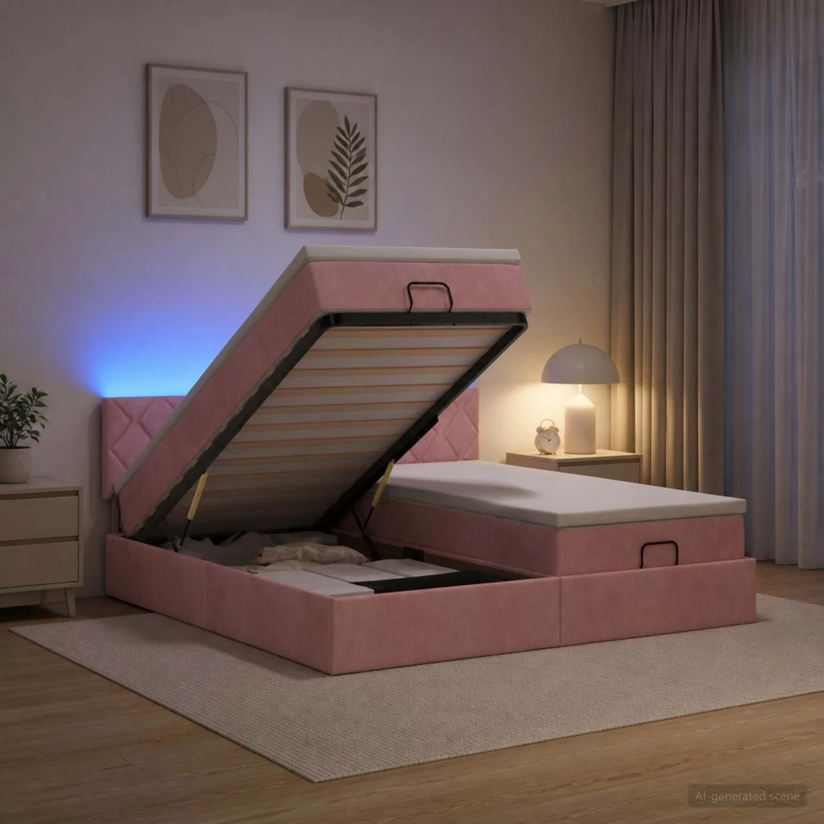 vidaXL Ottoman seng med madras og LED 200 x 200 cm Lyserød Velour