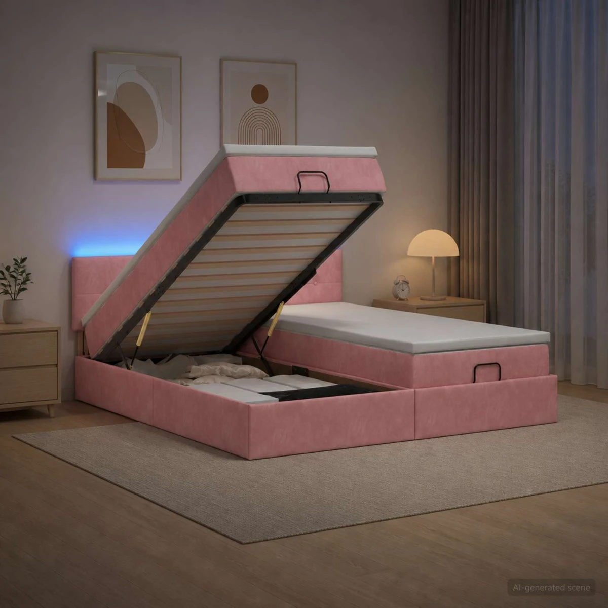 vidaXL Ottoman seng med LED, velour, lyserød 180 x 200 cm