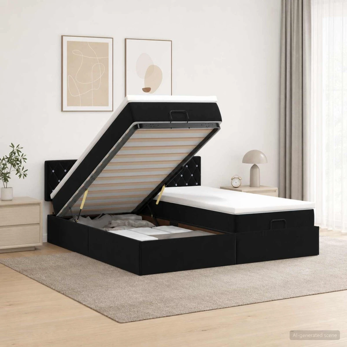 vidaXL Ottoman seng med madras og LED, sort velour, 200 x 200 cm