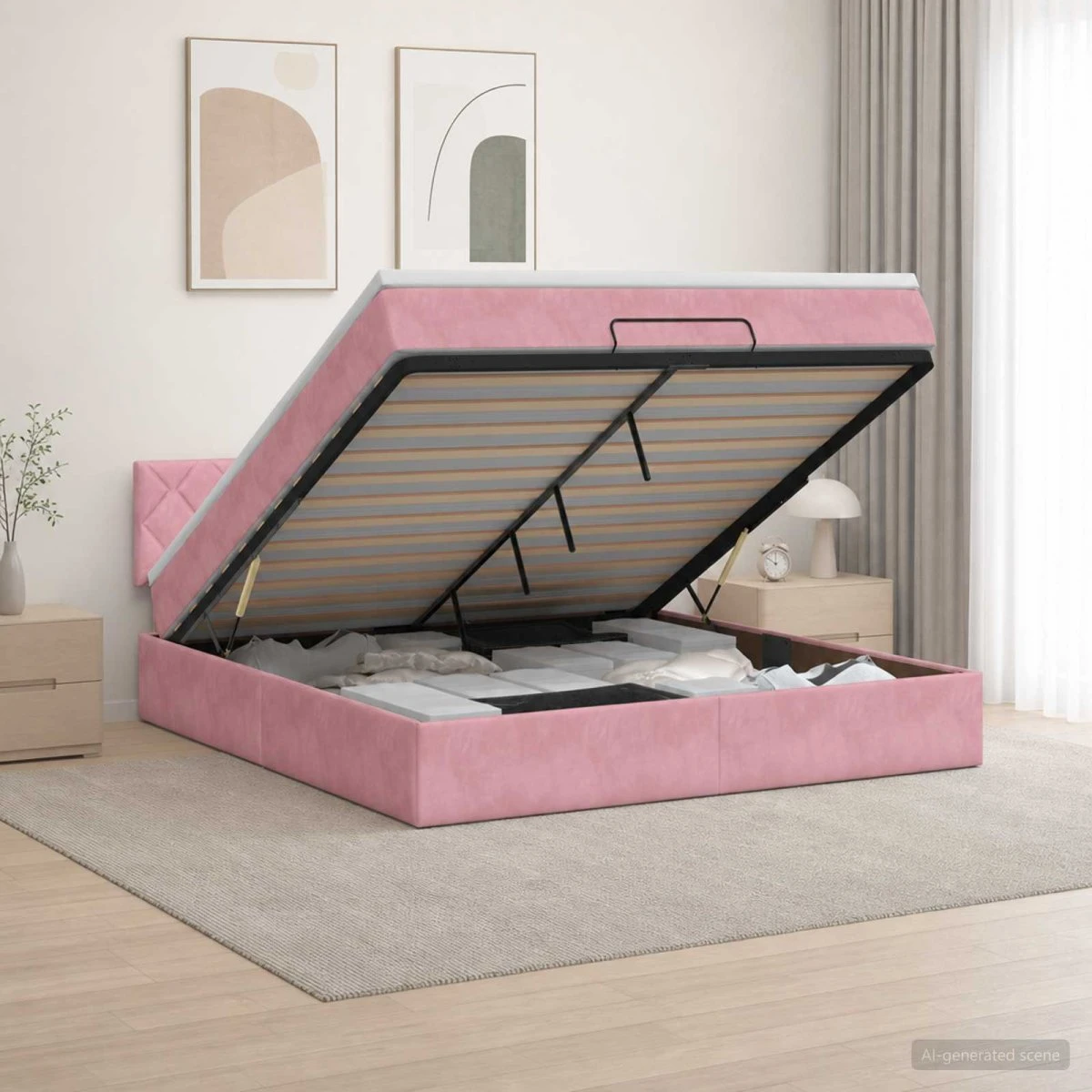 vidaXL Ottoman seng med madras og LED - Lyserød Velour 140x190 cm