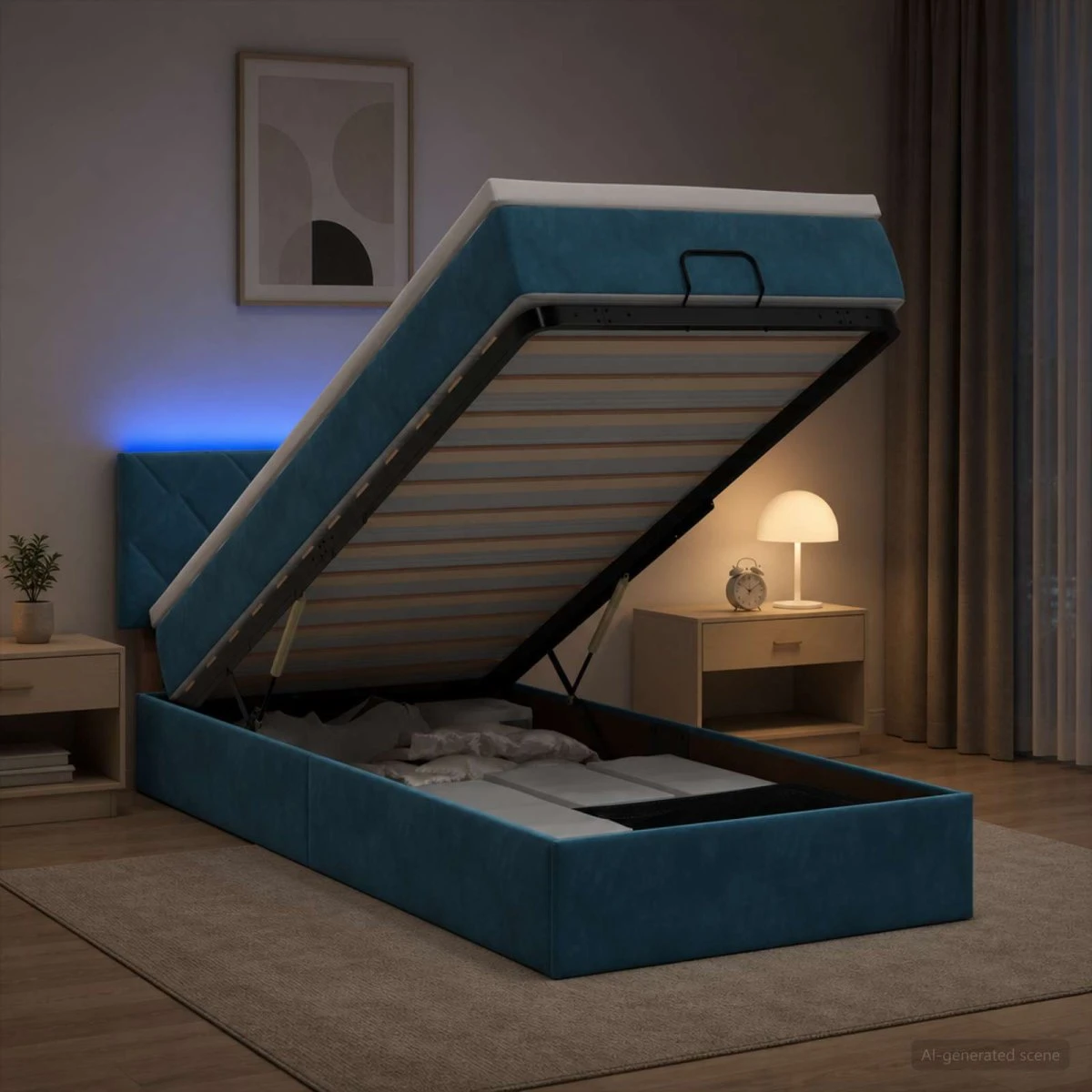 vidaXL Ottoman seng med madras og LED - Mørkeblå Velour 90x200 cm