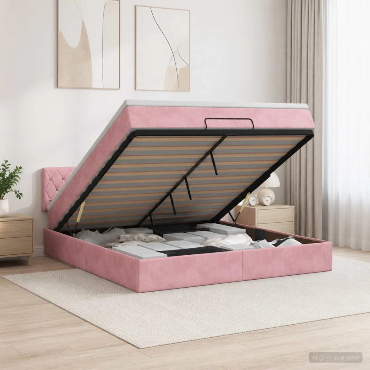 vidaXL Ottoman seng med madras og LED, lyserød velour, 160 x 200 cm