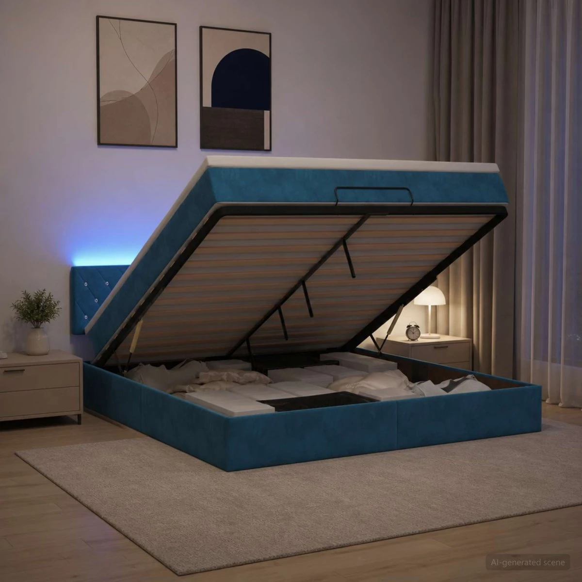 vidaXL Ottoman seng med madras og LED - Mørkeblå Velour 160x200 cm