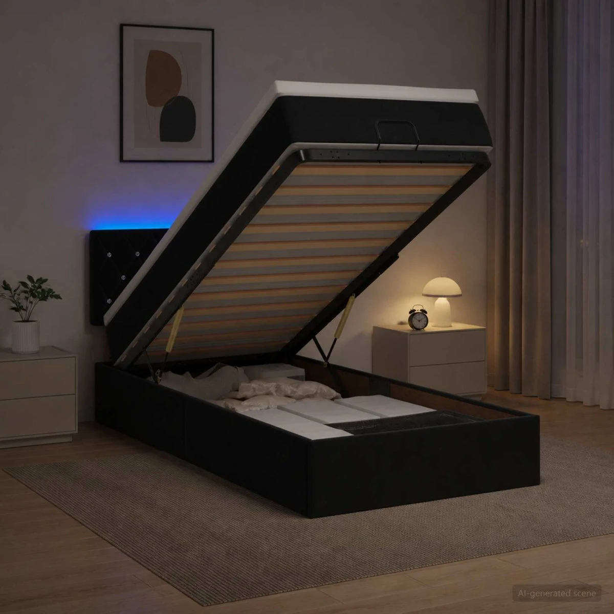 vidaXL Ottoman seng med LED, madras og opbevaring - Sort Velour 80x200