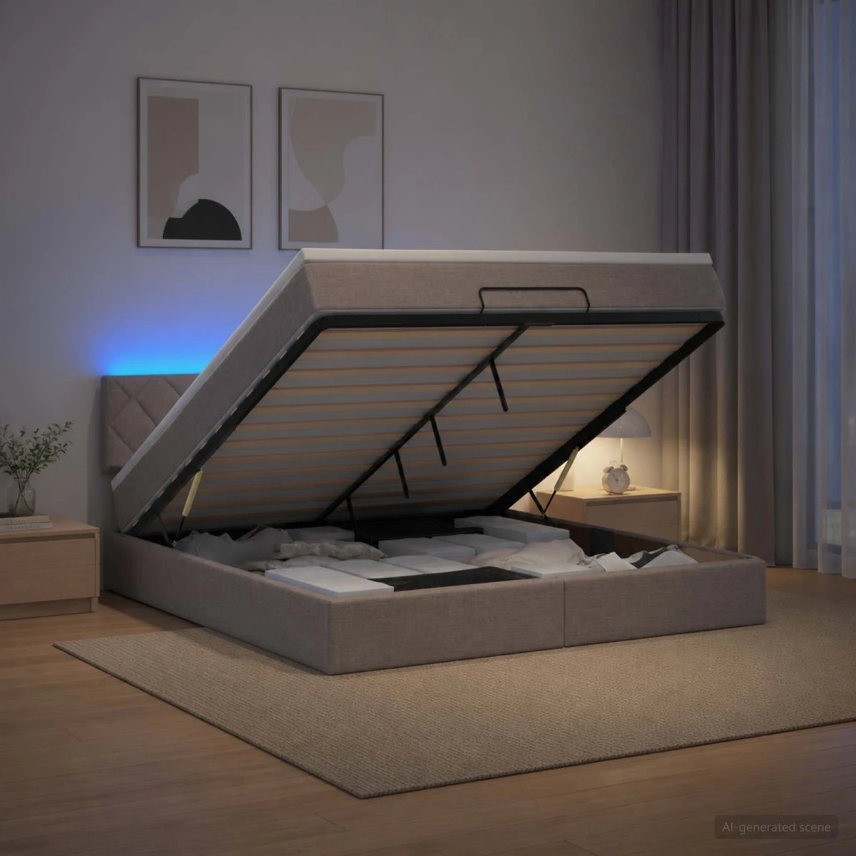 vidaXL Ottoman seng med LED og madras, Gråbrun, 140 x 190 cm