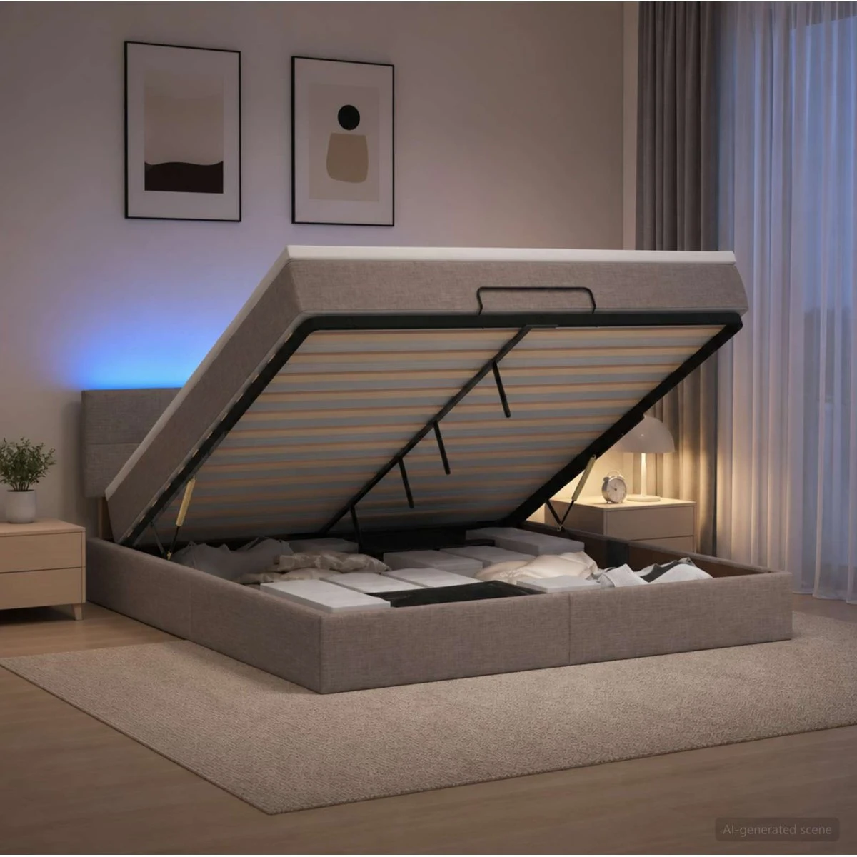 vidaXL Ottoman seng med LED og madras, 140 x 190 cm, Gråbrun