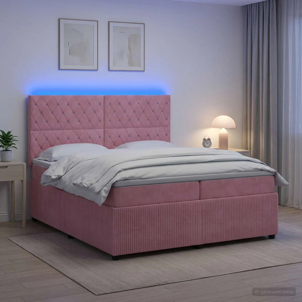 vidaXL LED Boksmadrasseng med madras, Lyserød Fløjl, 200 x 200 cm