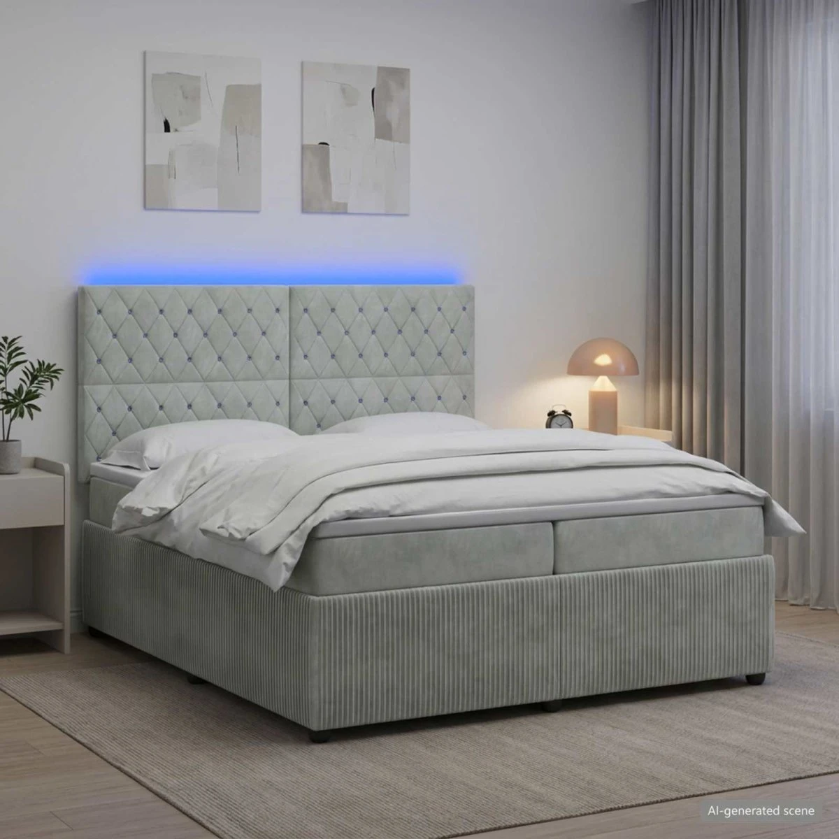vidaXL LED Boksmadrasseng med Fløjl 200 x 200 cm - Lysegrå