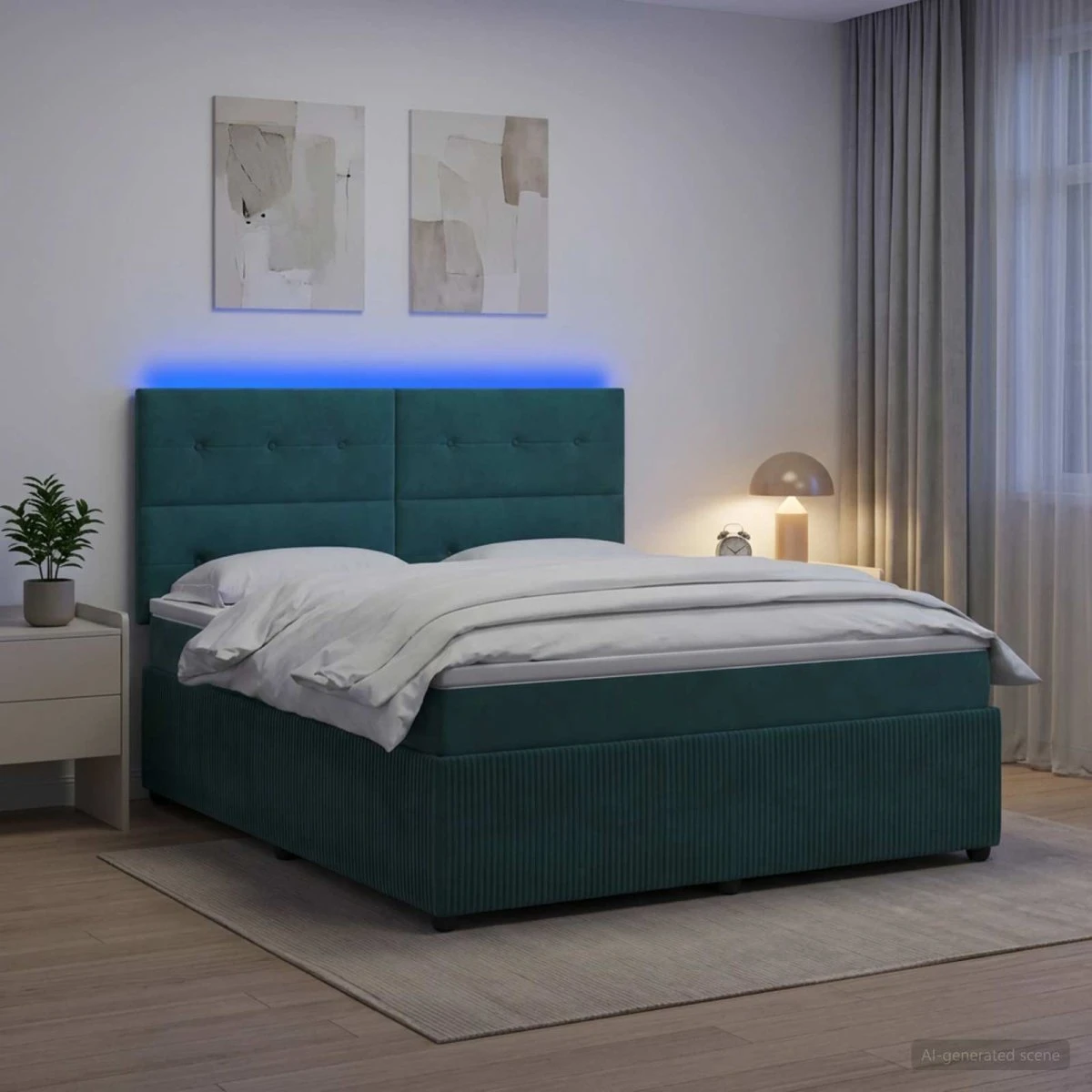 vidaXL LED Boksmadrasseng 160x200 cm Mørkegrøn Fløjl