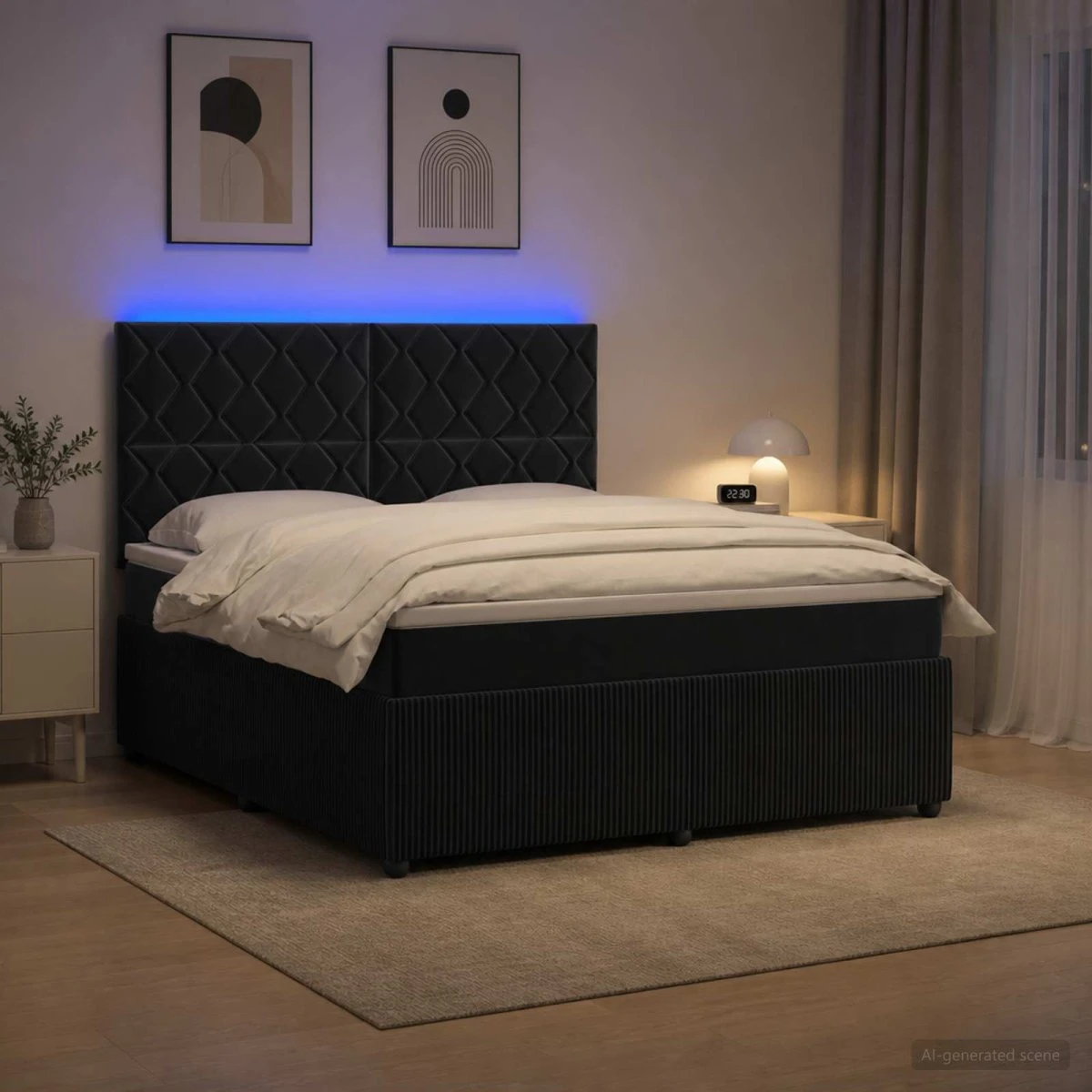 vidaXL LED Boksmadrasseng med madras, sort fløjl, 140 x 200 cm