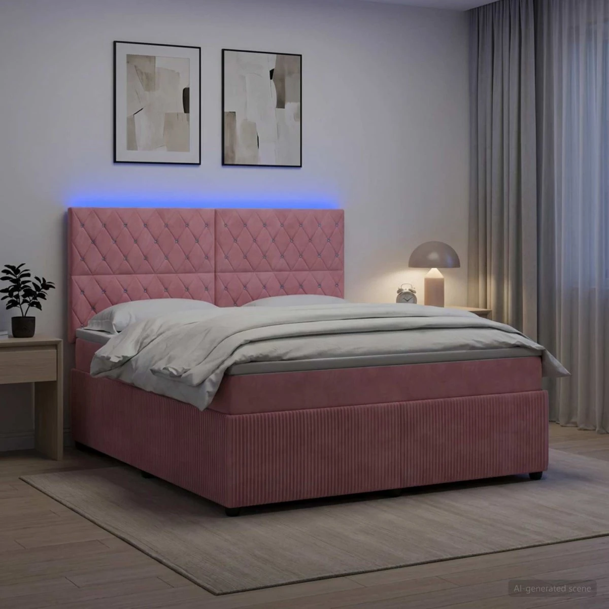 vidaXL LED Boksmadrasseng med madras, Lyserød Fløjl, 140x200 cm