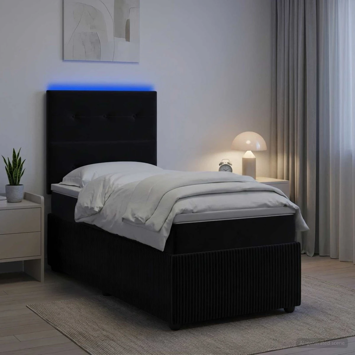 vidaXL LED Boksmadrasseng med madras, Sort, 100 x 200 cm, Fløjl
