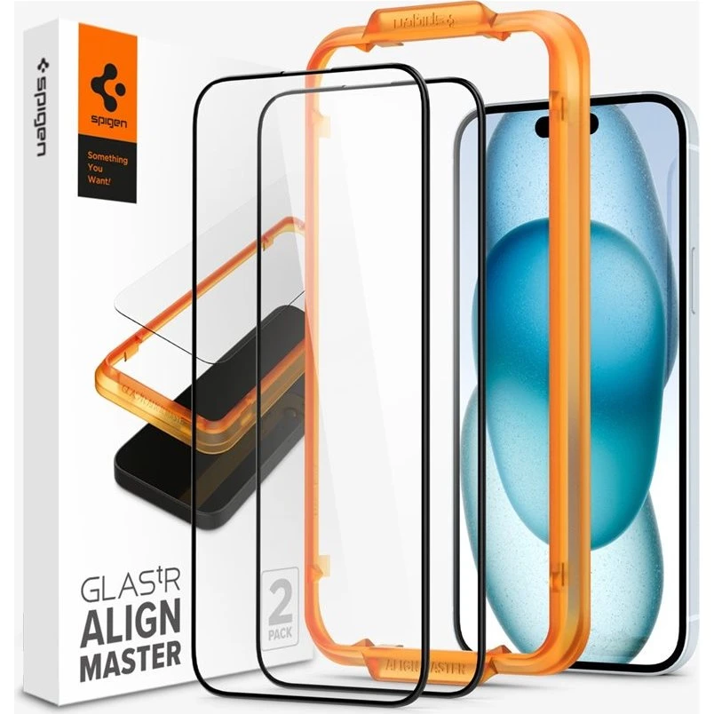 Spigen Glass tR AlignMaster 2-pak til iPhone 15 - Sort