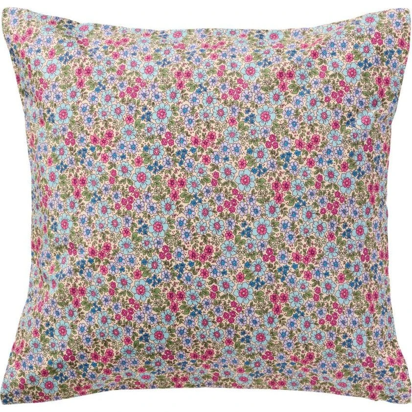 Ib Laursen Pudebetræk 60x60 cm - Creme m. blomster i fuchsia & blå