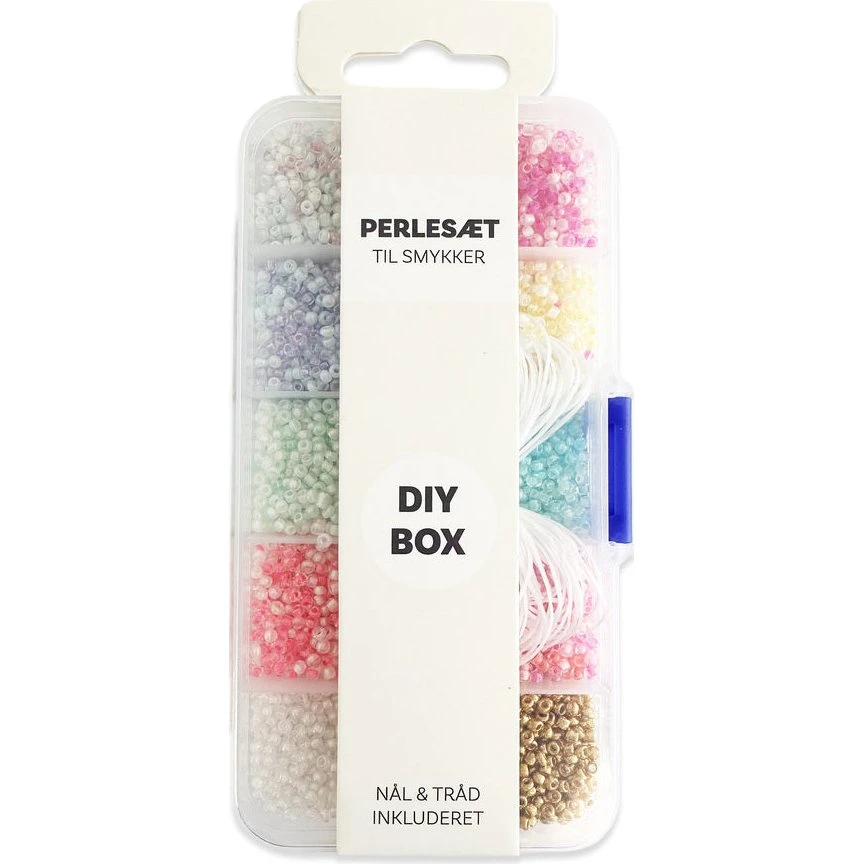Perler i æske med pastel farver inkl. nål og tråd