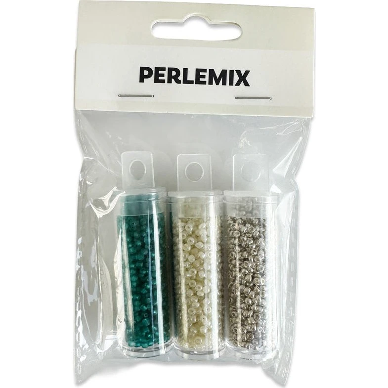 Perler i rør - Turkis, sølv og off white (3 assorterede rør)