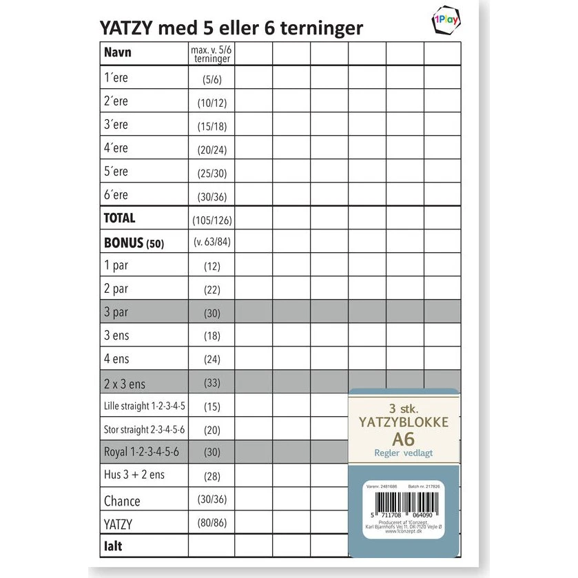 Yatzy blok A6 3-pak