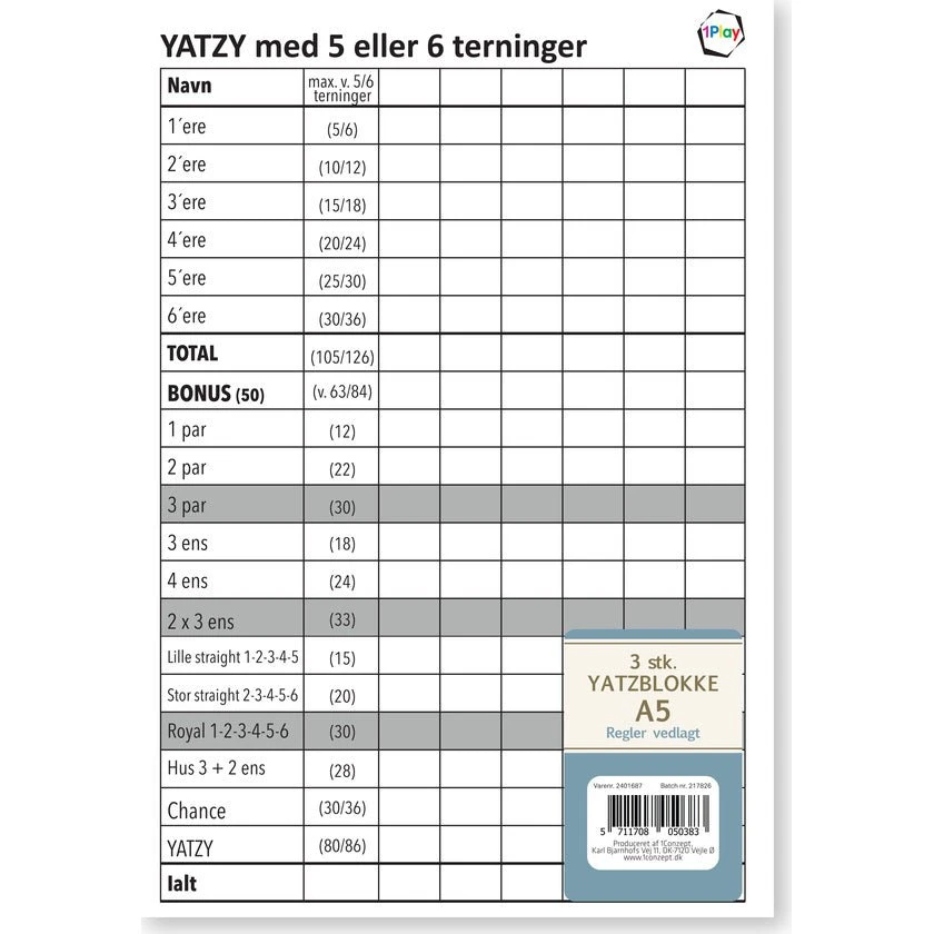 Yatzy scoreblokke A5 til 6 terninger - 3 stk