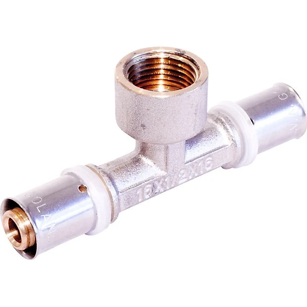 Alu Press Tee 1/2'' x 16 x 2,0 mm med muffe - Forniklet messing