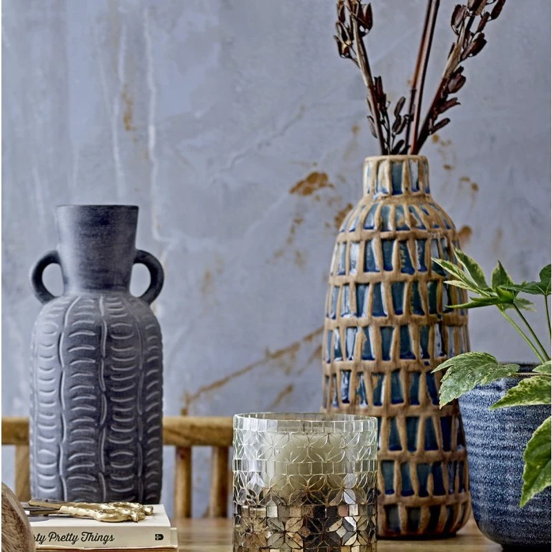 Bloomingville Mayann Vase - Blå med brunt mønster, 35,5 cm