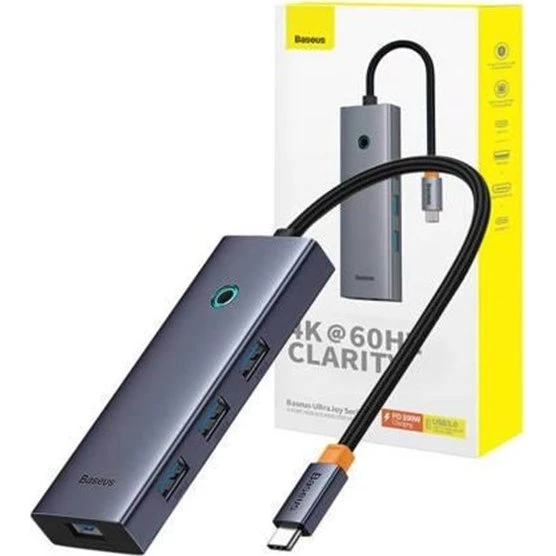 Baseus UltraJoy 6-in-1 USB-C Hub - HDMI 4K@60Hz & 4x USB 3.0 - Grå