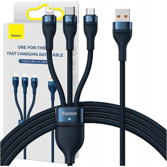Baseus Flash Series 3-i-1 USB-kabel, 66W, 1,2m (Blå)