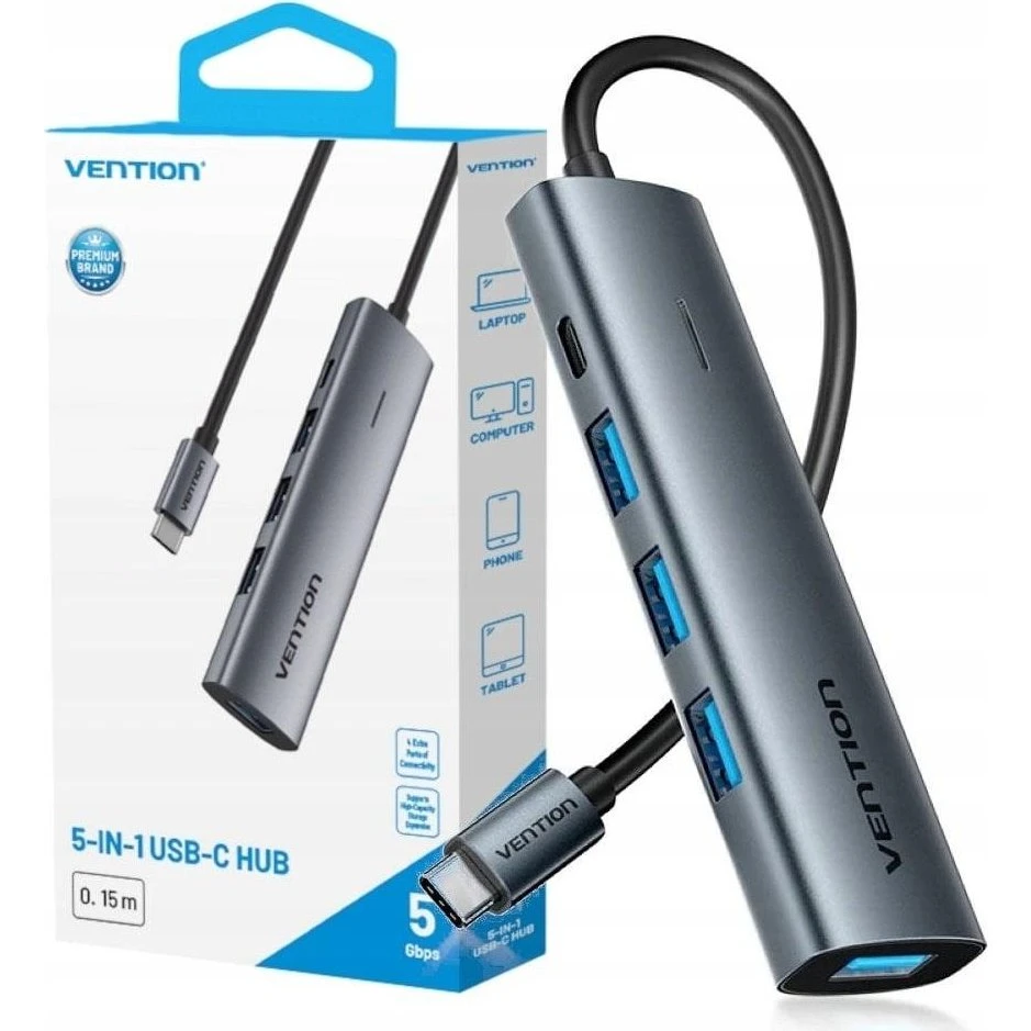 Vention 5-i-1 USB-C Hub USB 3.0 - Grå