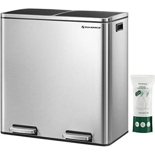 Songmics Dobbelt Skraldespand med Pedal, 2 x 30 L, Sølv/Sort